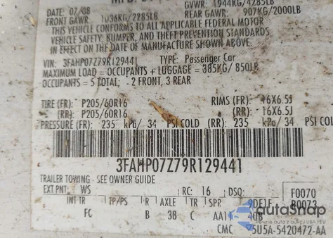 2009 Ford Fusion Se from USA, damaged, VIN 3FAHP07Z79R129441